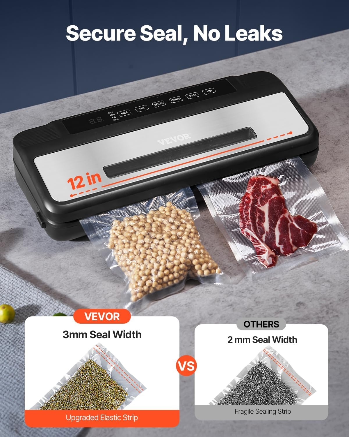 image:imageVEVOR Vacuum Sealer Machine 95Kpa 350W Powerful Dual Pump and Dual Sealing Dry and Moist Food Storage Automatic and Manual Air Sealing System with Builtin Cutter with Seal Bag and External Hose80 KPA