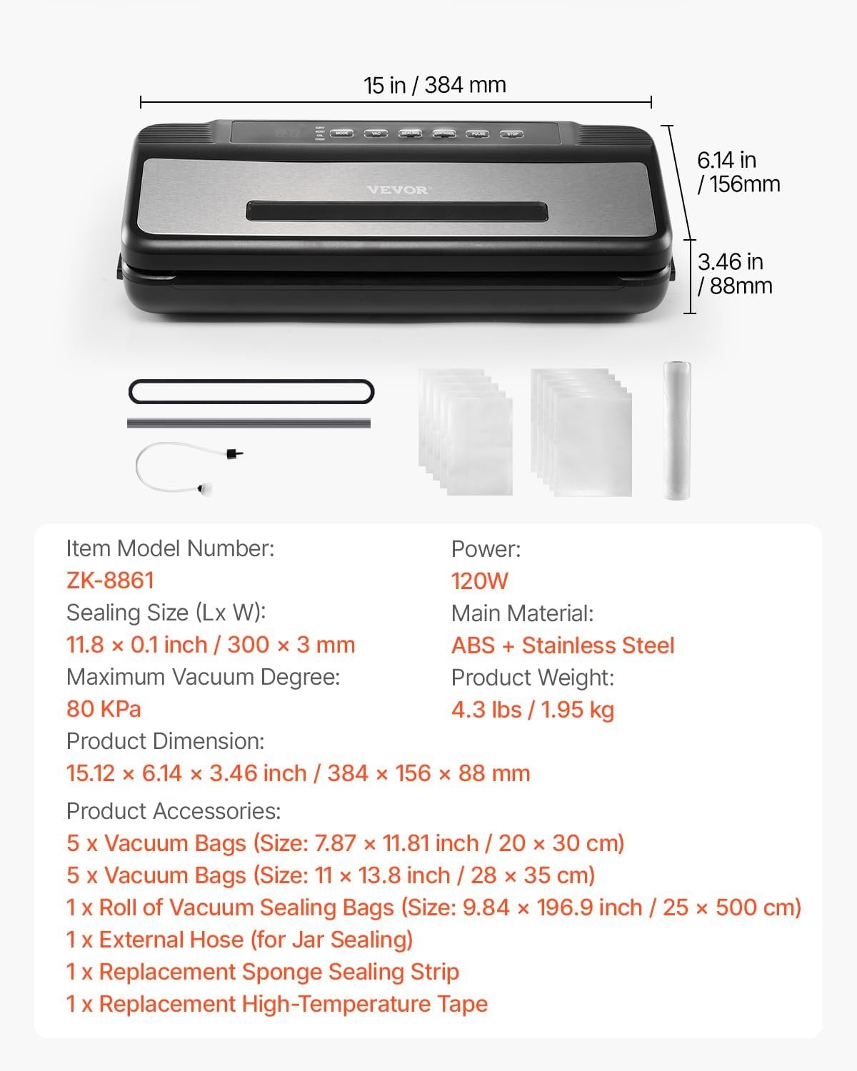 image:imageVEVOR Vacuum Sealer Machine 95Kpa 350W Powerful Dual Pump and Dual Sealing Dry and Moist Food Storage Automatic and Manual Air Sealing System with Builtin Cutter with Seal Bag and External Hose80 KPA