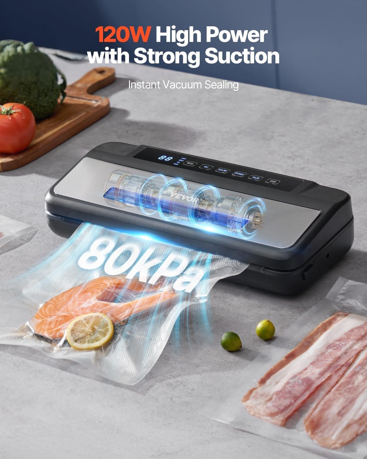 image:imageVEVOR Vacuum Sealer Machine 95Kpa 350W Powerful Dual Pump and Dual Sealing Dry and Moist Food Storage Automatic and Manual Air Sealing System with Builtin Cutter with Seal Bag and External Hose80 KPA