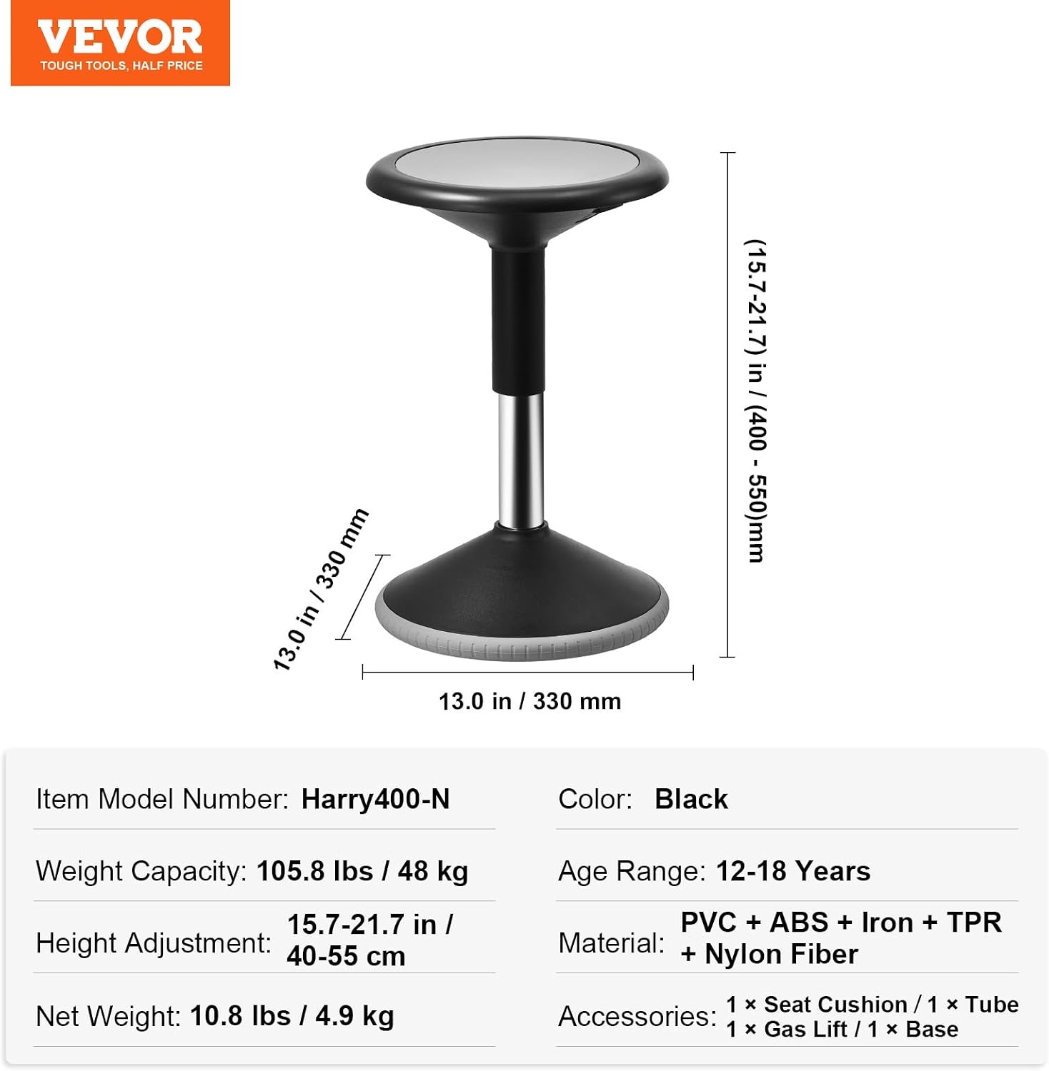 image:imageVEVOR Wobble Chair HeightAdjustable 157217 Active Chair Flexible Seating Wobble Stool Made of PVCABS Improves Focus amp Posture Ideal for Schools Office and Home Age 1218 BlackBlack