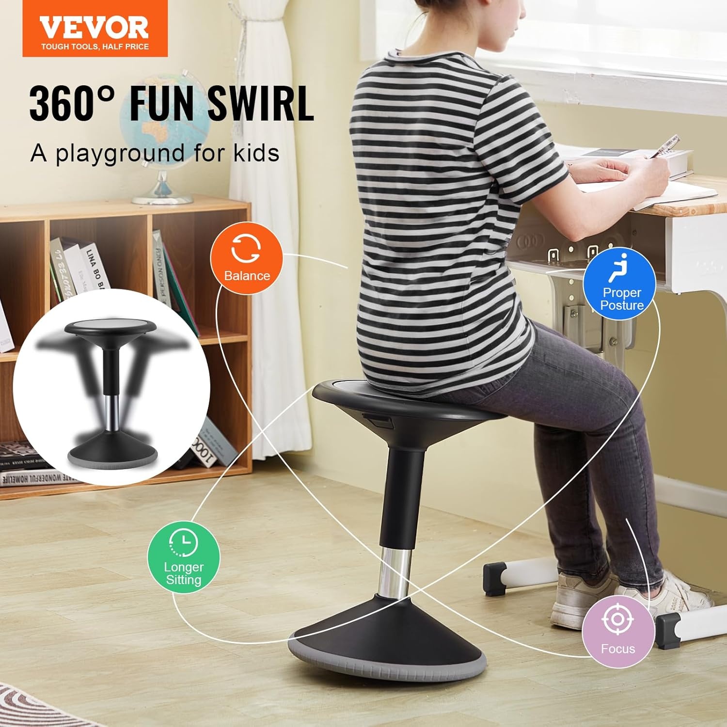 image:imageVEVOR Wobble Chair HeightAdjustable 157217 Active Chair Flexible Seating Wobble Stool Made of PVCABS Improves Focus amp Posture Ideal for Schools Office and Home Age 1218 BlackBlack