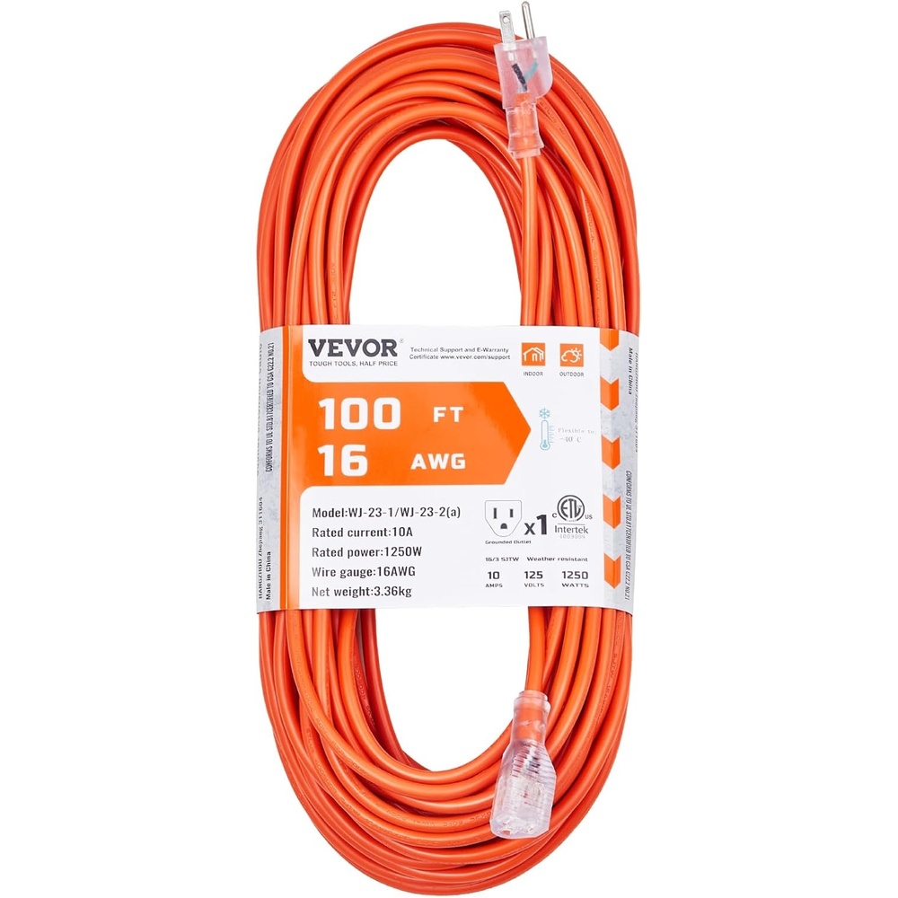 image:imageVEVOR 100FT Heavy Duty Extension Cord 12AWG 15Amps 1875W 3 Prongs Indoor Outdoor Electric Cord with Lighted End Flexible amp 40C ColdResistant for Lawn Garage Home Use ETL Listed16AWG