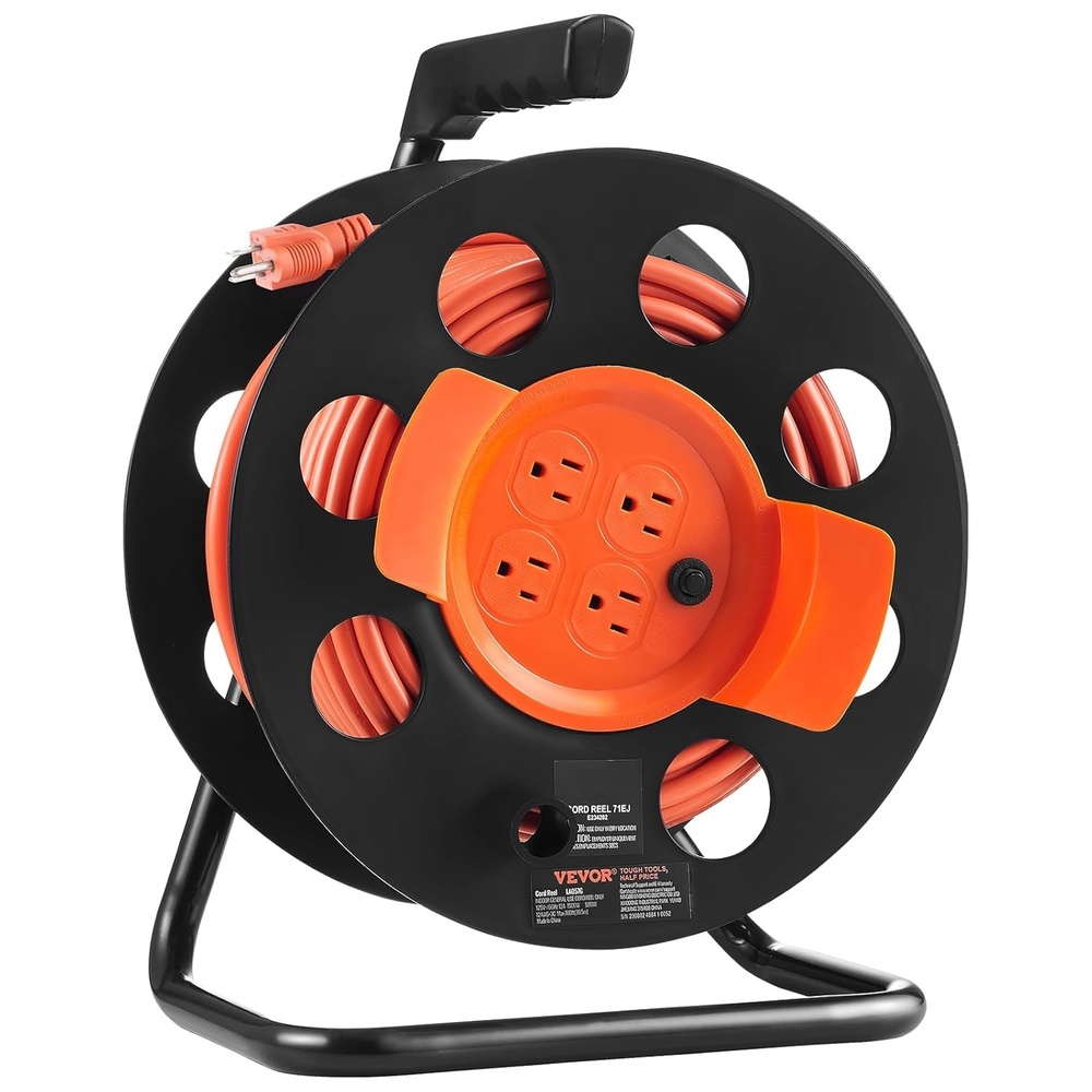 image:imageVEVOR 100FT Retractable Extension Cord Reel with 4 Outlets and Dust Cover Heavy Duty 12AWG SJTOW Power Cord Portable Handle and Safety Overload Circuit Breaker for Outdoor Indoor Toolshed Garage100FT 12AWG