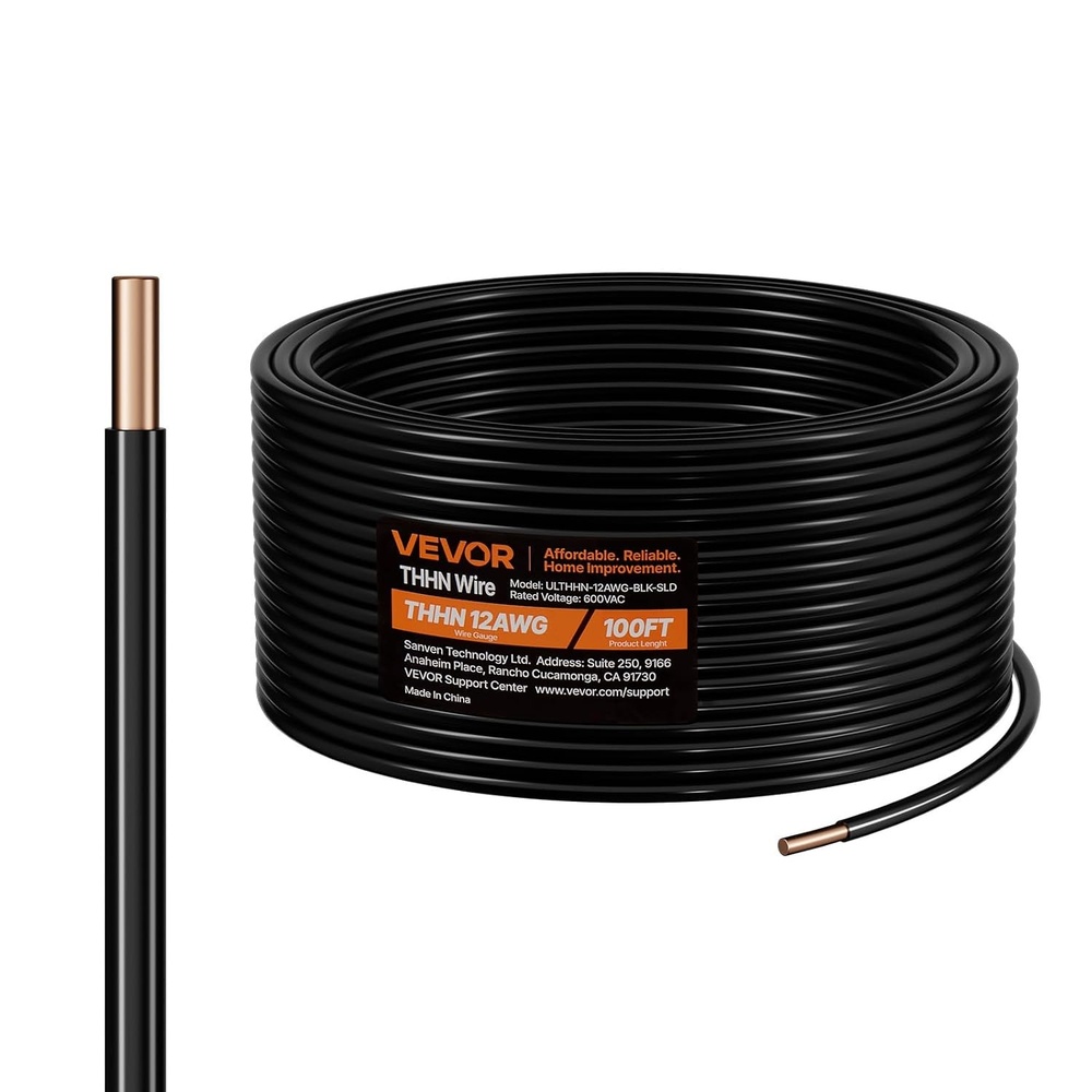 image:imageVEVOR 12 AWG THHN Wire 19Stranded 100 OFC Copper Electrical Building Wire with Nylon Jacket Rated for Up to 600 Volts for Indoor Outdoor Use Commercial Industrial Residential Black 100 ft12 AWG100 ft