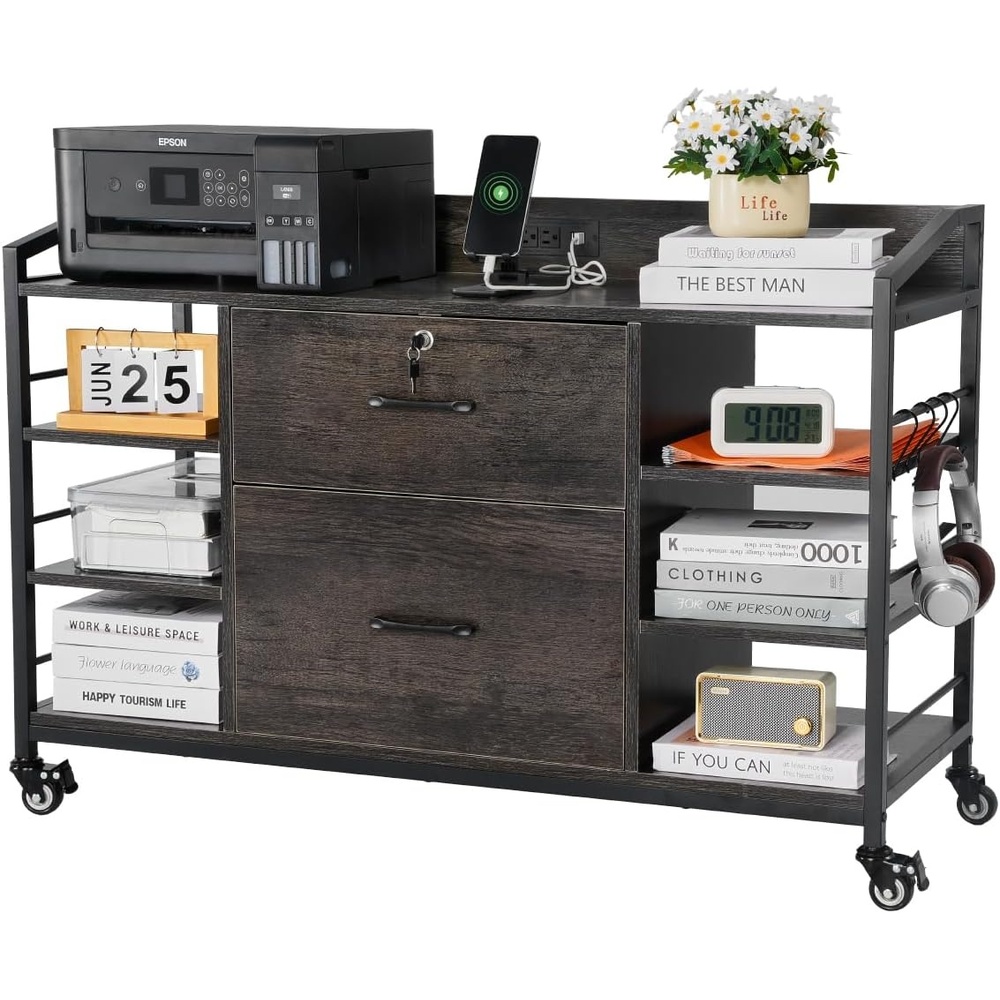 image:imageVEVOR 2 Drawers Metal File Cabinet Lateral Filing Cabinet with Lock and 6 Open Shelves Wooden Wide Filing Storage Cabinets with Power Strip for Letter A4 Legal Size File Easy Assembly BrownGrey