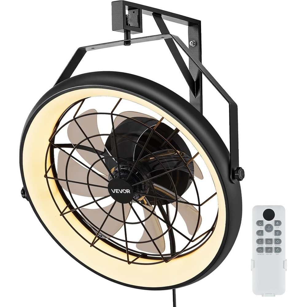 image:imageVEVOR 21 Inch Wall Mounted Fan with Lights Ceiling Fan with Remote 6Speed Plugin Wall Fan with Timer 360 Tilt for Bedroom Garage Workshop Fits 4 E26 Bulbs Bulbs Not Included22 in