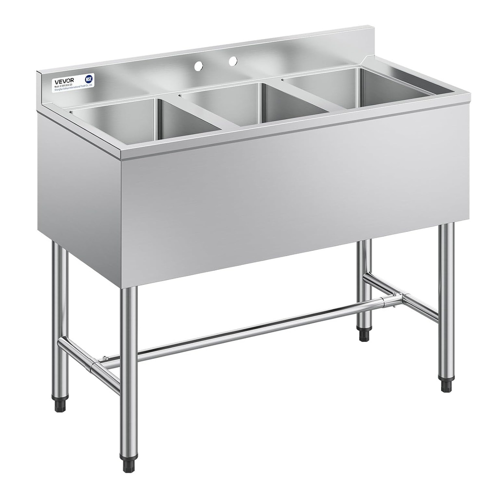 image:imageVEVOR 3 Compartment Sink 18Gauge 304 Stainless Steel 10 x 14 x 10 Bowl Size 3 Bay Commercial Under Bar Sink with Backsplash and Efficient Drainage for Kitchen Restaurant Food Truck amp Home Use