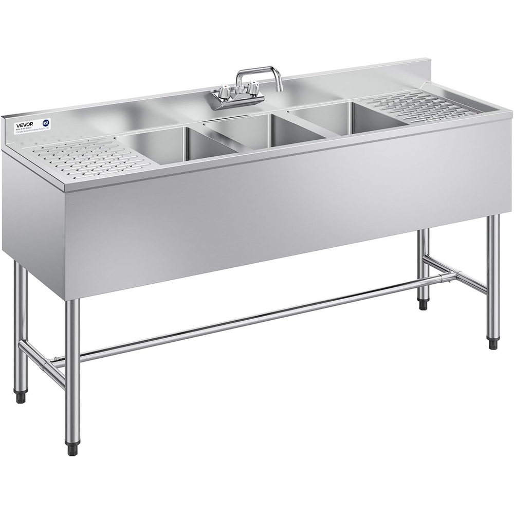 image:imageVEVOR 3 Compartment Sink 18Gauge 304 Stainless Steel 10 x 14 x 10 Bowl Size 3 Bay Commercial Under Bar Sink with Double Drainboard and Backsplash for Kitchen Restaurant Food Truck amp Home Use6019inch drainboard  faucet