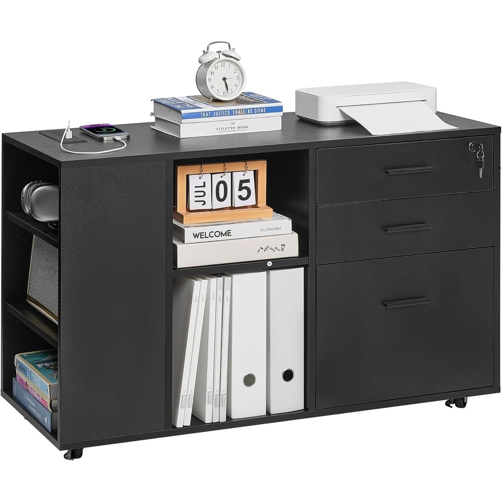 image:imageVEVOR 3 Drawer Wooden File Cabinet Mobile Filing Cabinet with Power Strip Lockable Rolling File Storage with Adjustable Shelves amp 5 Wheels Floor Standing Printer Stand for Home Office School GrayBlack
