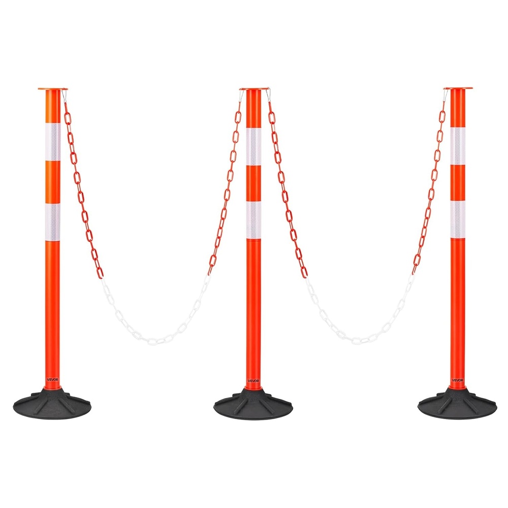 image:imageVEVOR 3 Pack Traffic Delineator Posts 34 in Traffic Safety Cones with Weighted Base Reflective Strips and Chain Heavy Duty Delineator Posts for Construction Site Parking Lot Crowd Control Red