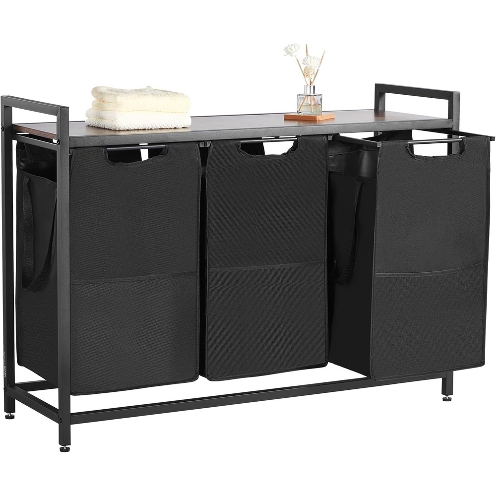 image:imageVEVOR 3 Section Laundry Sorter Large Laundry Hamper with Metal Frame and Wooden Tabletop Freestanding Storage Organizer Baskets with PullOut 600D Oxford Cloth Bags for Dirty Clothes Bathroom3 Section