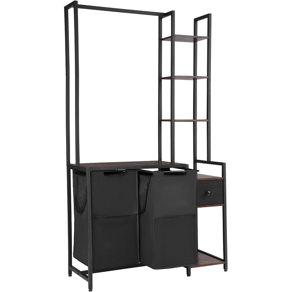 image:imageVEVOR 3 Tiers Laundry Sorter with Rack Tall Laundry Hamper with Shelves and Drawers 2 Section Freestanding Hanging Rack Storage with 600D Oxford Cloth Bags and Ladder Shelves for Dirty Clothes
