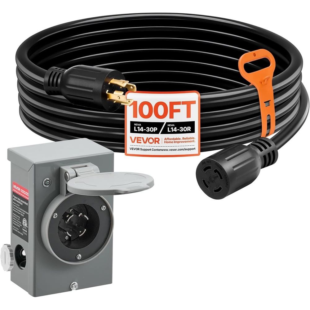 image:imageVEVOR 30 Amp Generator Cord and Power Inlet Box 50 FT 125250V NEMA L1430P to L1430R Heavy Duty Extension Power Cord SJTW 10 Gauge 7500W PreDrilled Inlet Box for Generator to House ETL Listed100 FT