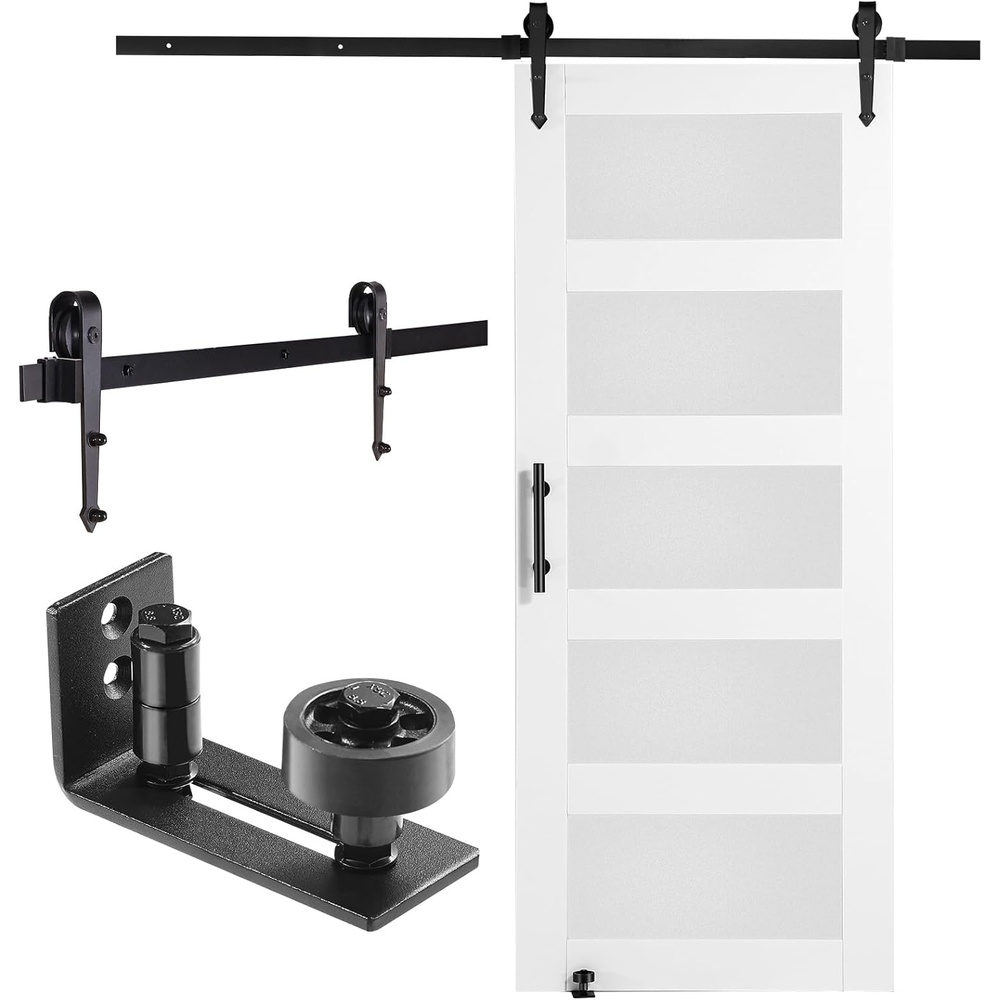 image:imageVEVOR 30 x 84 in Glass Sliding Solid Wood Barn Door with 55FT Sliding Door Hardware Kit with Handle amp Floor Guide 5 Tempered Frosted Glass WaterProof amp ScratchResistant Pre Drilled Easy Assembly