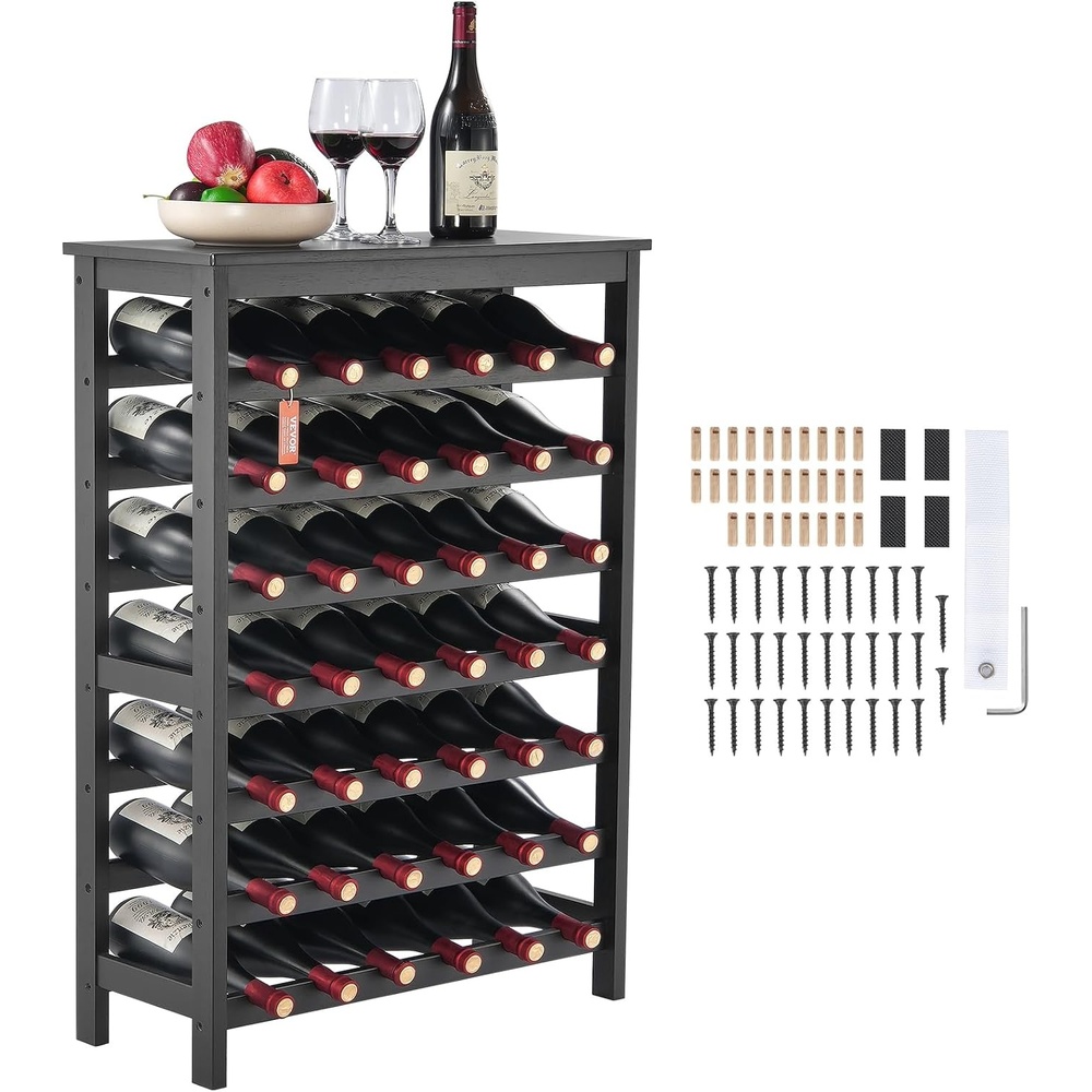 image:imageVEVOR 36 Bottle Stackable Modular Wine Rack 4Tier Solid Bamboo Wood Storage Racks Floor Freestanding Wines Holder Display Shelf WobbleFree Shelves for Kitchen Bar and Cellar Natural ColorBlack