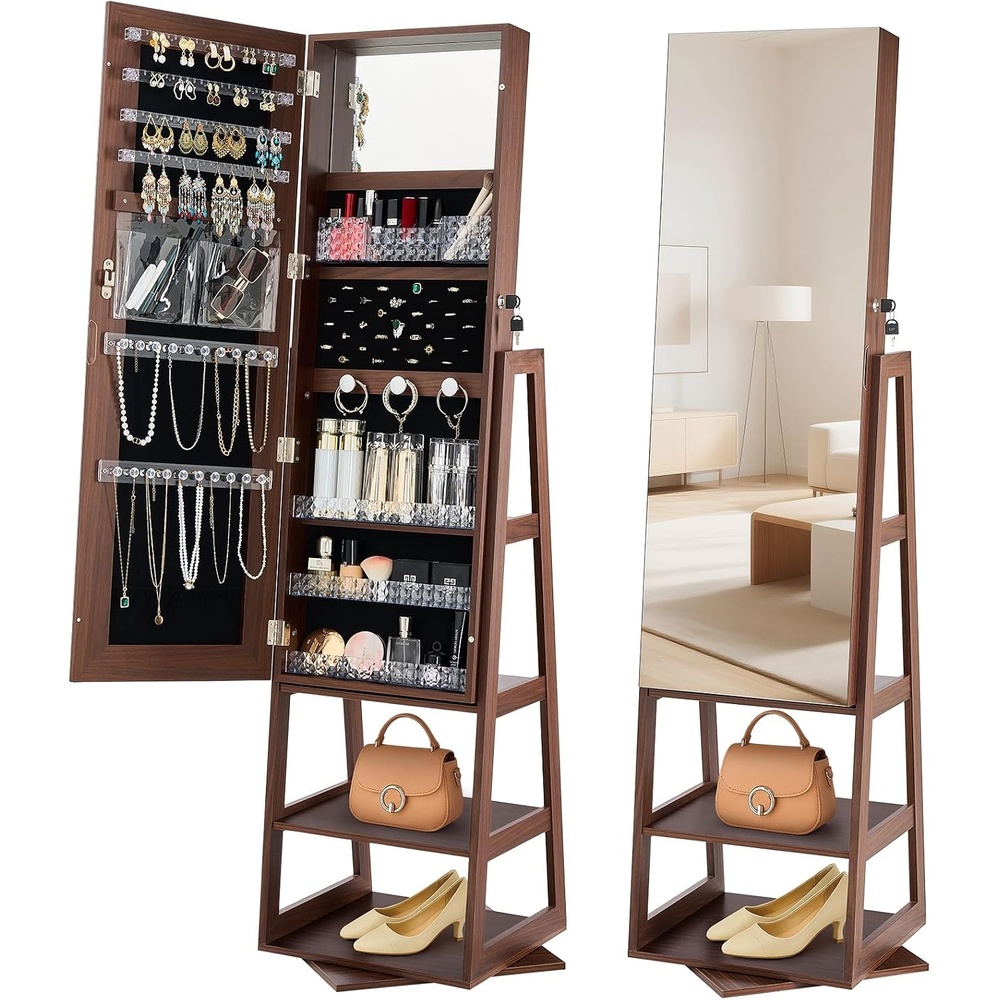 image:imageVEVOR 360 Swivel Jewelry Cabinet 61inch Tall FullLength Mirror with Storage Standing Rotatable Jewelry Armoire Organizer Lockable Door with 2 Keys Accessory Pouches and Storage Shelves