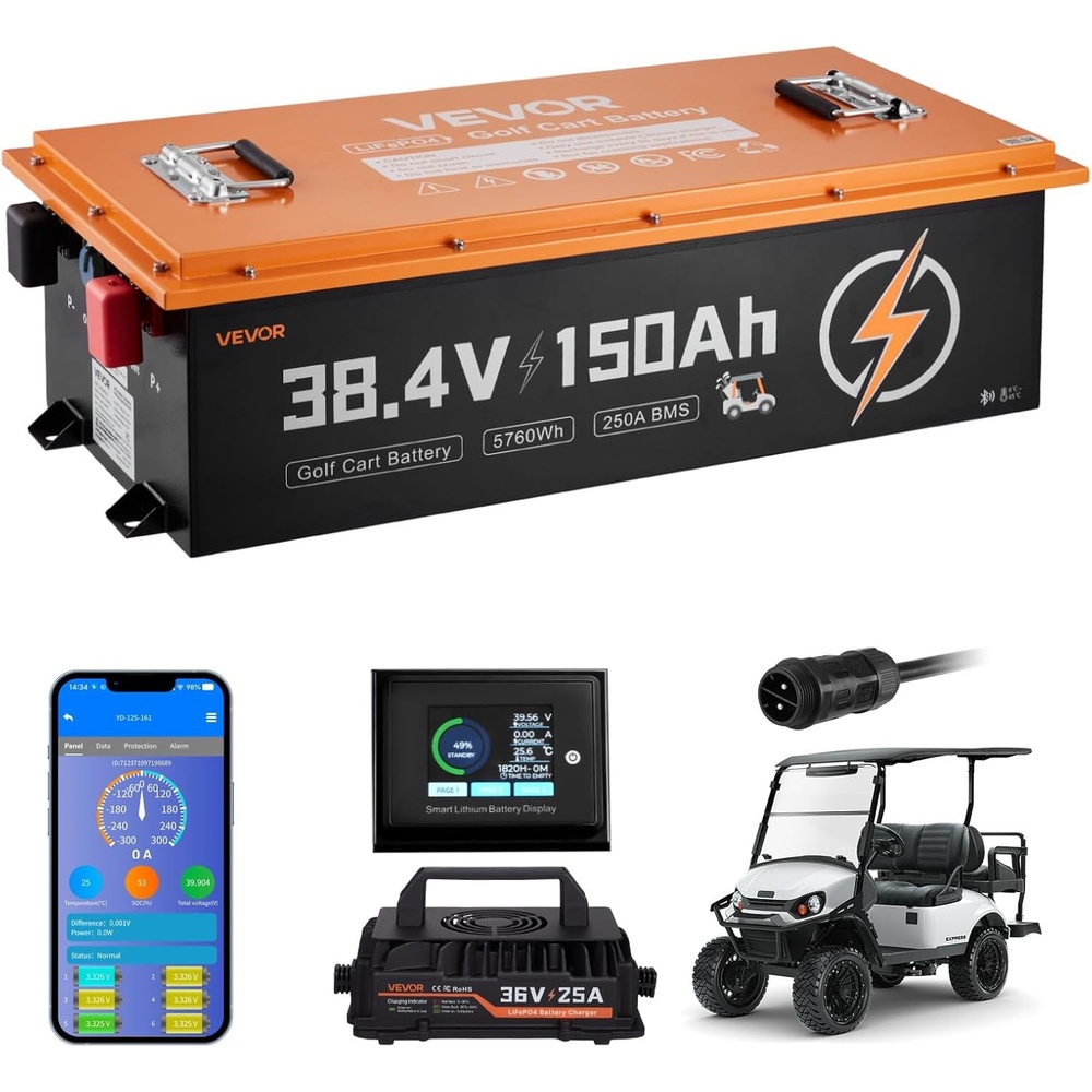 image:imageVEVOR 36V 384V 150AH Lithium Golf Cart Battery with 25A Charger Lifepo4 Battery Kit Builtin 250A BMS with Bluetooth Mobile APP amp Touch Monitor 4000 Cycles for Golf Carts Trolling Motors  Builtin 250A BMS with 25A Charger amp Bluetooth Mobile APP amp Touch Monitor 4000 Cycles for Golf Carts Trolling Motors