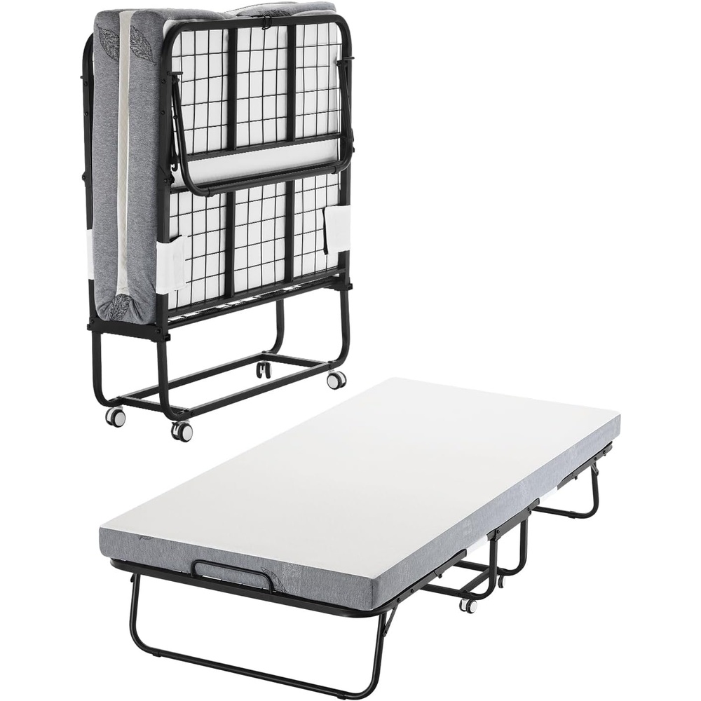 image:imageVEVOR 38 in x 75 in Folding Bed with 4 in Mattress Twin Size White Metal Frame amp Memory Foam Mattress Portable Rollaway Bed 300 lbs Weight Capacity Adult Guest38 x 75