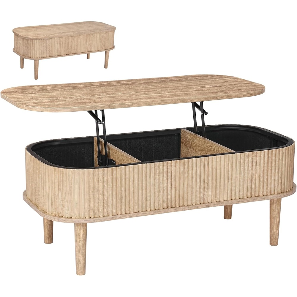 image:imageVEVOR 394 in Lift Top Coffee Table Fluted Oval Coffee Table with 3 Hidden Compartment Mid Century Wooden Oval Center Desk with Storage Lift Up Tabletop for Home amp Office Easy Assembly BurlywoodNatural Wood