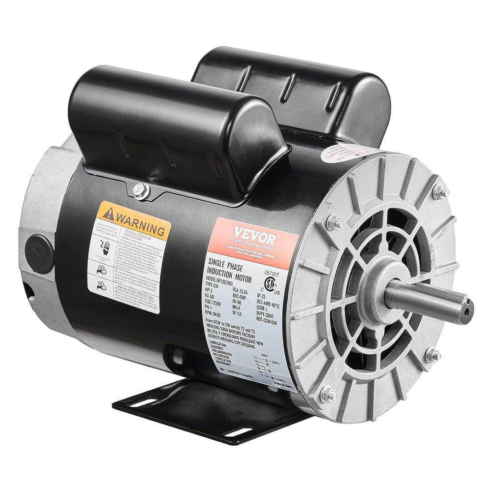 image:imageVEVOR 3HP Air Compressor Electric Motor 230V 155 Amps 56 Frame 3450RPM 58 Keyed Shaft 188 Shaft Length Single Phase CWCCW Rotation Factory Setting is CCW1
