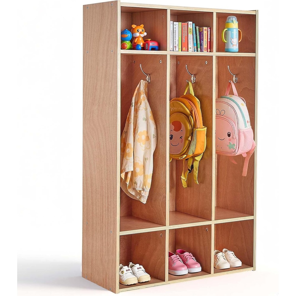 image:imageVEVOR 3Section Coat Locker Kids Lockers with 6 Hooks amp NonSlip Mat Classroom Cubbies for Daycare Home Kindergarten Natural275 x 124 x 456 in