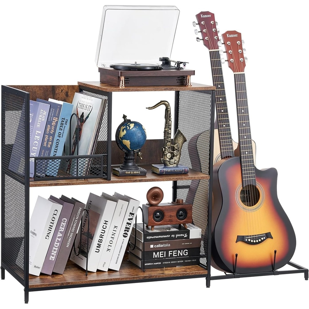 image:imageVEVOR 3Tier Record Player Stand with Guitar Holder Turntable Stand with Storage Holds Up to 300 Albums Vinyl Record Cabinet with Metal Mesh Frame for Living Room Bedroom Black
