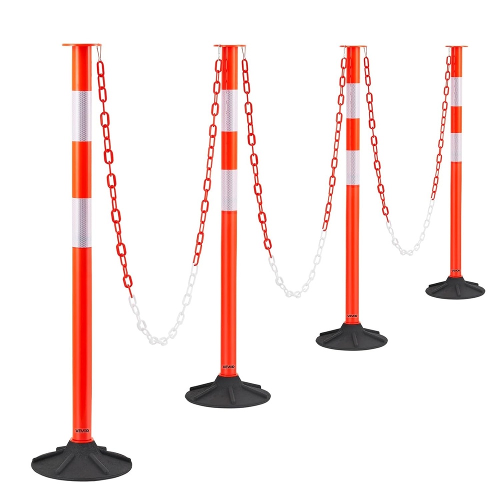 image:imageVEVOR 4 Pack Traffic Delineator Posts 34 in Traffic Safety Cones with Weighted Base Reflective Strips and Chain Heavy Duty Delineator Posts for Construction Site Parking Lot Crowd Control Red4 Pack