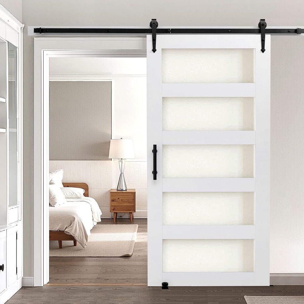 image:imageVEVOR 42 x 84 inch Sliding Barn Door with Header Board and 75FT Barn Door Hardware Track Kit amp Handle Waterproof PVC Surface PreDrilled Holes Easy to Assemble MDF Smoothly and Quietly Sliding42x84 Door  75 Track Kit