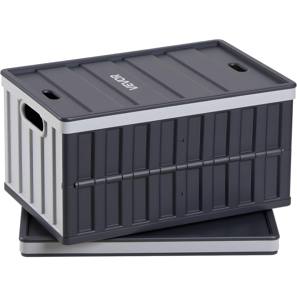 image:imageVEVOR 45L Collapsible Storage Bins with Lids 3 Packs Stackable Utility Crates with Handles Large Folding Containers for Organizing Tools Snacks Books Food Drinks Camping amp Transport65LGrey2PC