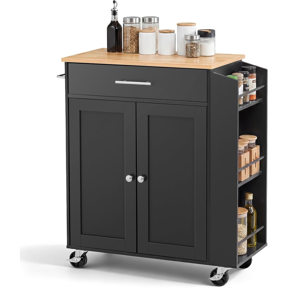 image:imageVEVOR 46 Wood Top Breakfast Bar with Storage Cabinet Farmhouse Kitchen Table with Adjustable Shelf Drawer for Dining Kitchen Living Room White313WBlack