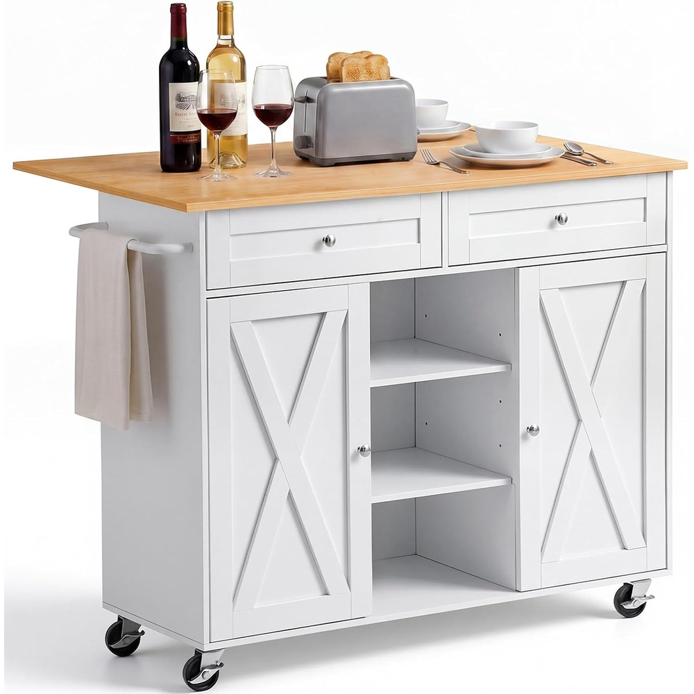 image:imageVEVOR 46 Wood Top Breakfast Bar with Storage Cabinet Farmhouse Kitchen Table with Adjustable Shelf Drawer for Dining Kitchen Living Room White4567W dropleaf