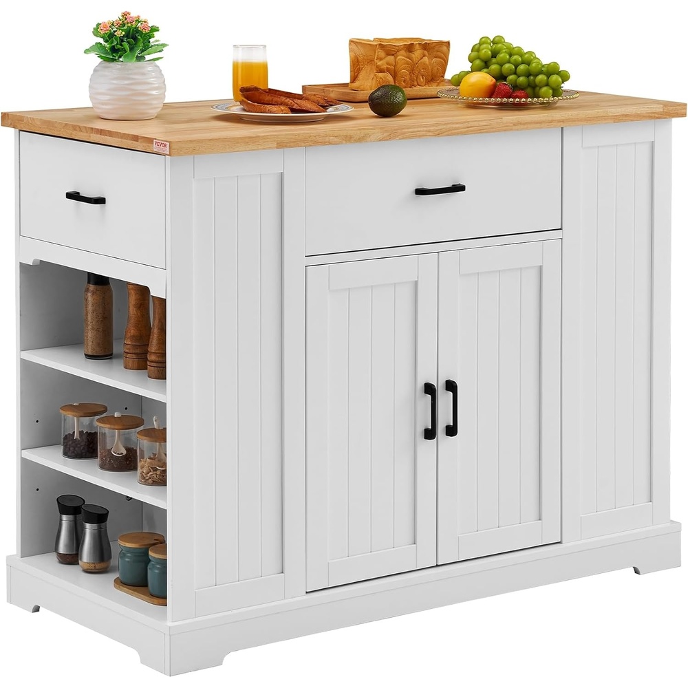image:imageVEVOR 46 Wood Top Breakfast Bar with Storage Cabinet Farmhouse Kitchen Table with Adjustable Shelf Drawer for Dining Kitchen Living Room White46W