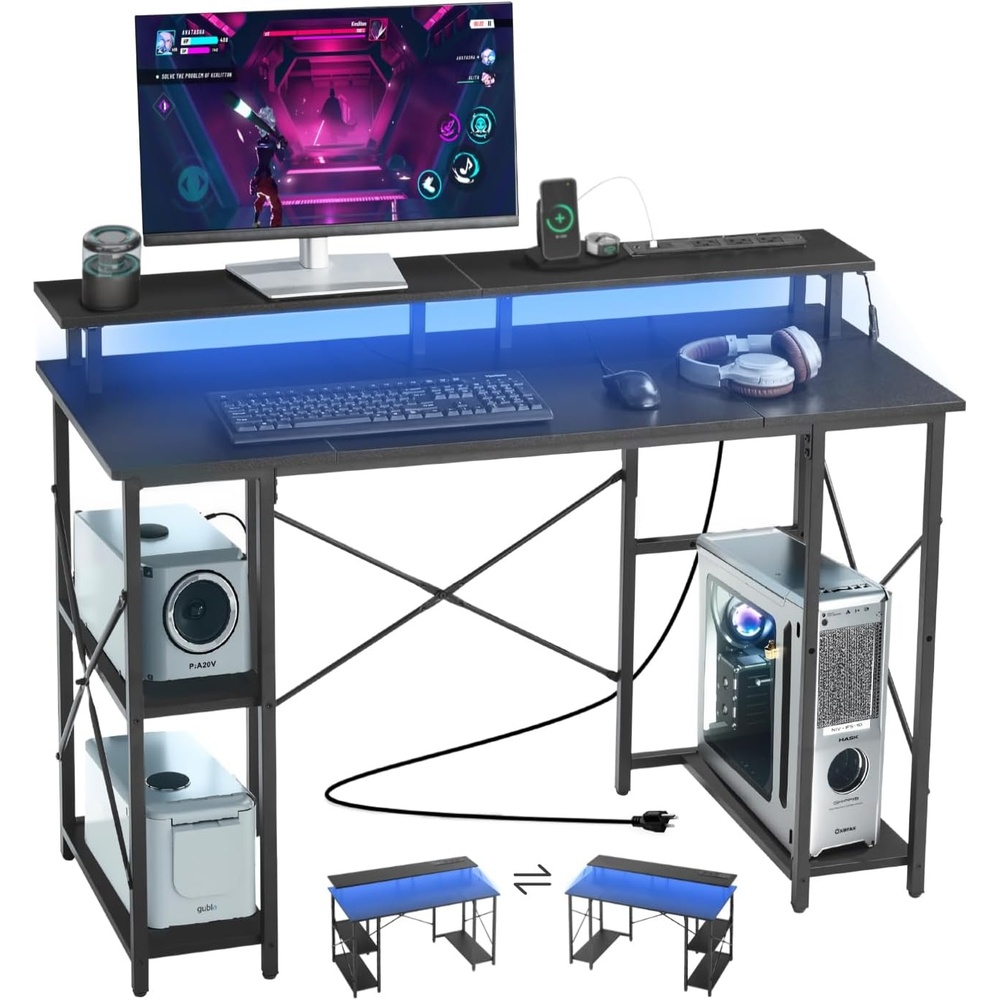 image:imageVEVOR 47 Gaming Desk with LED Lights amp Power Outlets Computer Desk with Monitor Stand amp 2Tier Storage Sheves Study Work for Home Office Black47 with 2Tier Storage Shelves