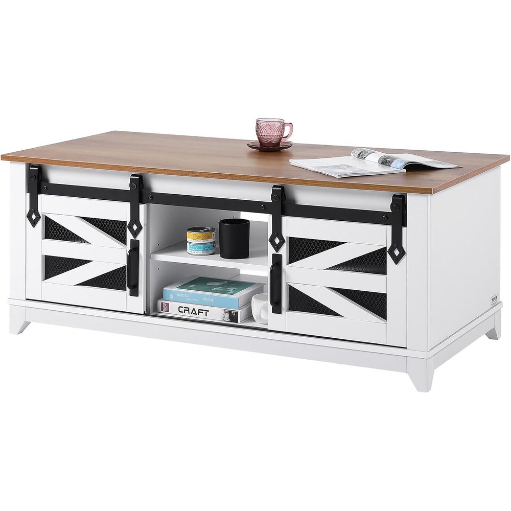 image:imageVEVOR 48 Farmhouse Coffee Table Rectangle Coffee Table with 2 Sliding Barn Doors 2 Tiers Wooden Rustic Table with Removable Shelves for Living Room Bedroom Apartment or Studio White amp Natural