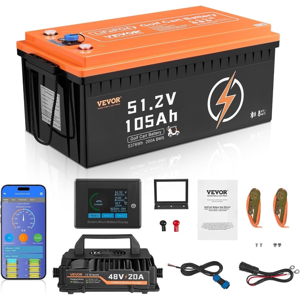 image:imageVEVOR 48V 105Ah Golf Cart Lithium Battery 48 Volt Golf Cart Battery with 200A BMS LCD Monitor and Mobile APP LiFePO4 Battery with 600A Peak Current 20A Charger and 4000 Cycles for Golf Carts