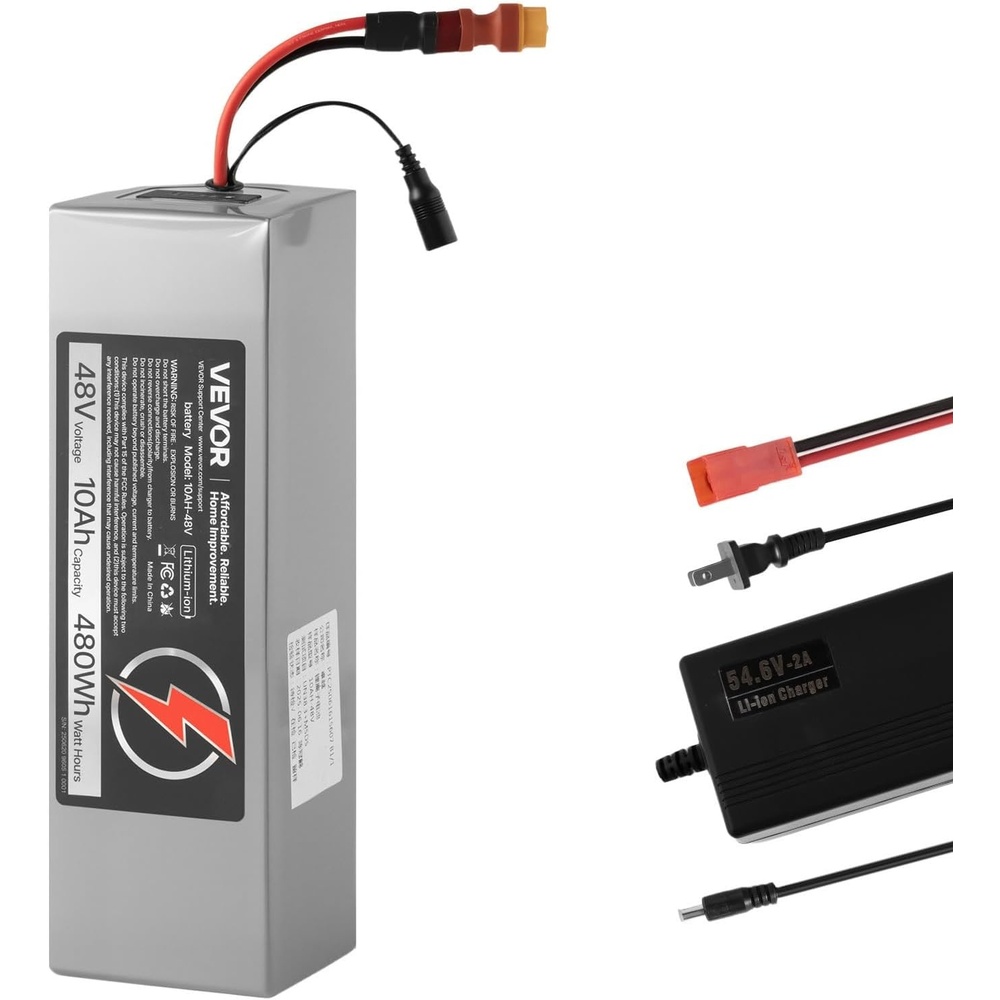 image:imageVEVOR 48V Lithium Battery 10Ah Lithium Battery Pack with 30A BMS Protection Charger TPlug Expansion Cable 500 Cycles IP66 Waterproof PVC Shell Fast Charging Compatible with 2400W Motors48V 10Ah