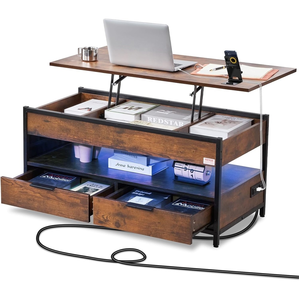 image:imageVEVOR 4in1 Lift Top Coffee Table MultiFunction Convertible Coffee Table with Storage and Hidden Compartment Farmhouse Center Table with Power Outlet amp USB amp LED Light for Living Room Home OfficeBrown With Drawers