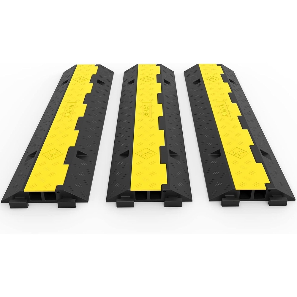 image:imageVEVOR 5 Channel Cable Protectors Extreme Rubber Cable Ramps Heavy Duty Protective Cable Wire Cord Ramp Driveway Rubber Traffic Speed Bumps Cable Protector 5Channel 1Pack18000Lb for Driveway Modular Interlocking Connection Heavy Duty Cable Traffic Speed Bump with FlipOpen Top Cover Black Yellow3PC2 Channel