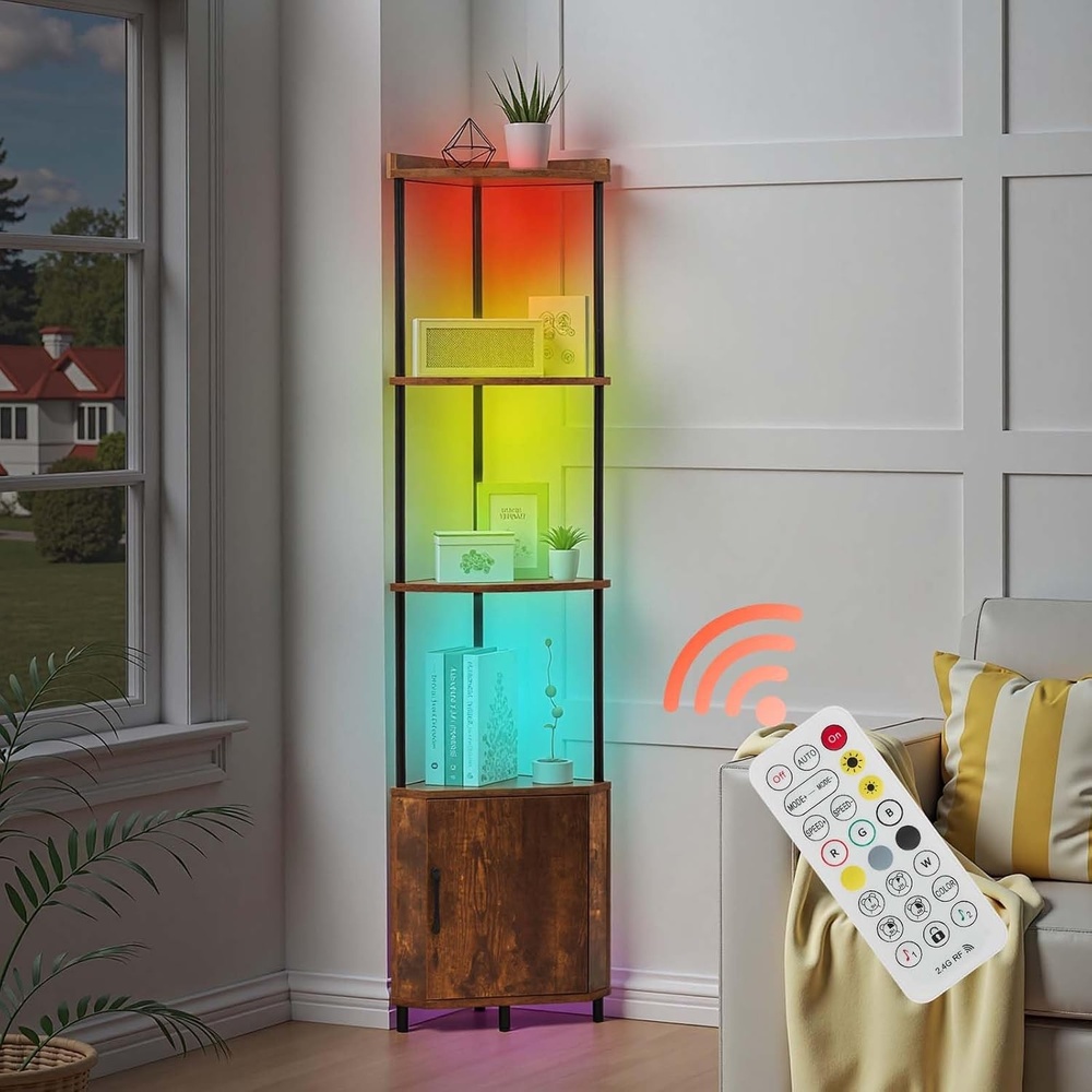 image:imageVEVOR 5 Tier Corner Shelf with LED Light 654 Tall Corner Bookshelf with Storage Cabinet Display Shelf with MultiColor Lights Controlled Via RCAPP for Bedroom Living Room Office6 TierLEDDoors