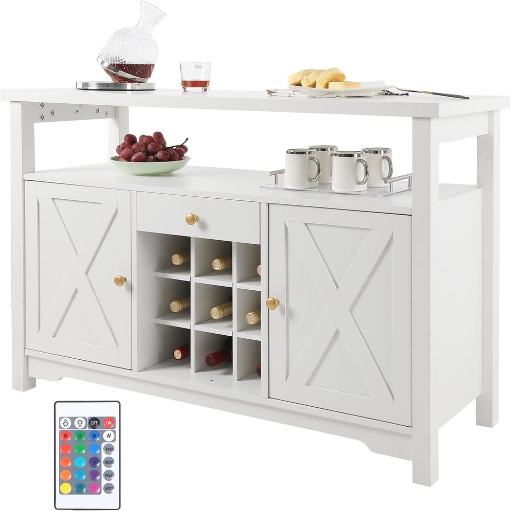 image:imageVEVOR 55 Inch Industrial Bar Cabinet Wine Table for Liquor and Glasses Sideboard Buffet Cabinet with Wine Rack Freestanding Farmhouse Wood Coffee Bar Cabinet for Living Room Home Bar and Kitchen47D x 157W x 315H