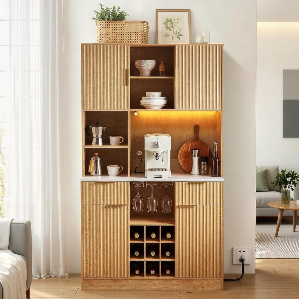 image:imageVEVOR 55 Inch Industrial Bar Cabinet Wine Table for Liquor and Glasses Sideboard Buffet Cabinet with Wine Rack Freestanding Farmhouse Wood Coffee Bar Cabinet for Living Room Home Bar and Kitchen157D x 394W x 677H