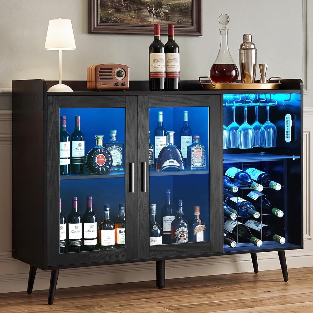 image:imageVEVOR 55 Inch Industrial Bar Cabinet Wine Table for Liquor and Glasses Sideboard Buffet Cabinet with Wine Rack Freestanding Farmhouse Wood Coffee Bar Cabinet for Living Room Home Bar and Kitchen157D x 472W x 354H