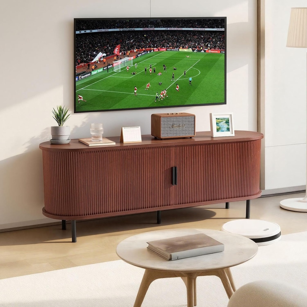 image:imageVEVOR 59 Fluted TV Stand Boho Entertainment Center for 556065 inch TVs Mid Century Modern Media Console TV Storage Cabinet with Sliding Door and Adjustable Open Shelves for Living Room BedroomBrown