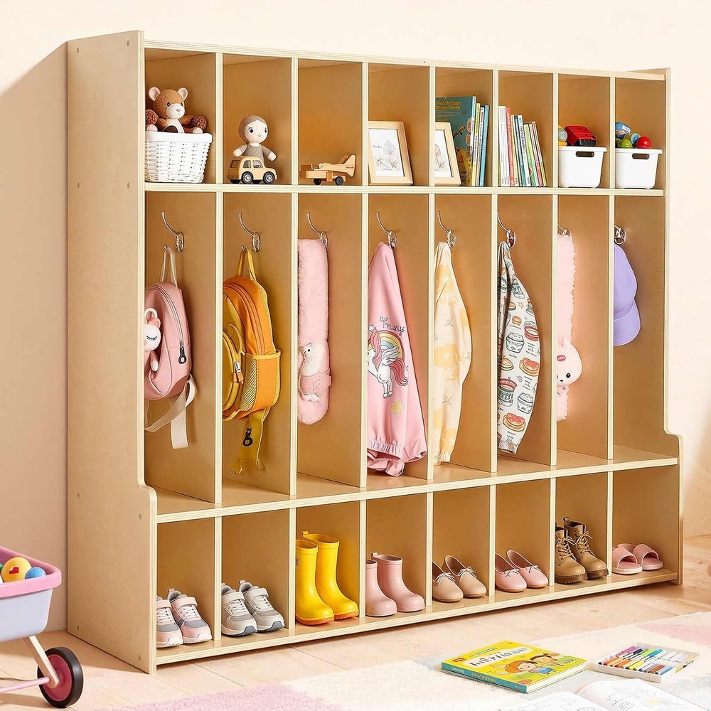 image:imageVEVOR 5Section Coat Locker with Bench Kids Lockers with 10 Hooks amp NonSlip Mat Classroom Cubbies for Daycare Home Kindergarten Natural8Section