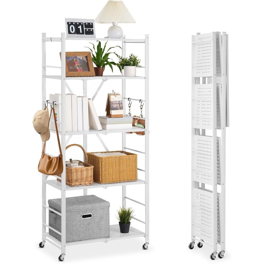 image:imageVEVOR 5Tier Foldable Storage Shelf 28W x 15D x 64H Inch Folding Metal Rack Shelving Unit No Assembly Organizer Shelf with 5 Wheels amp 4 Hooks for Pantry Kitchen Garage Basement BlackWhite