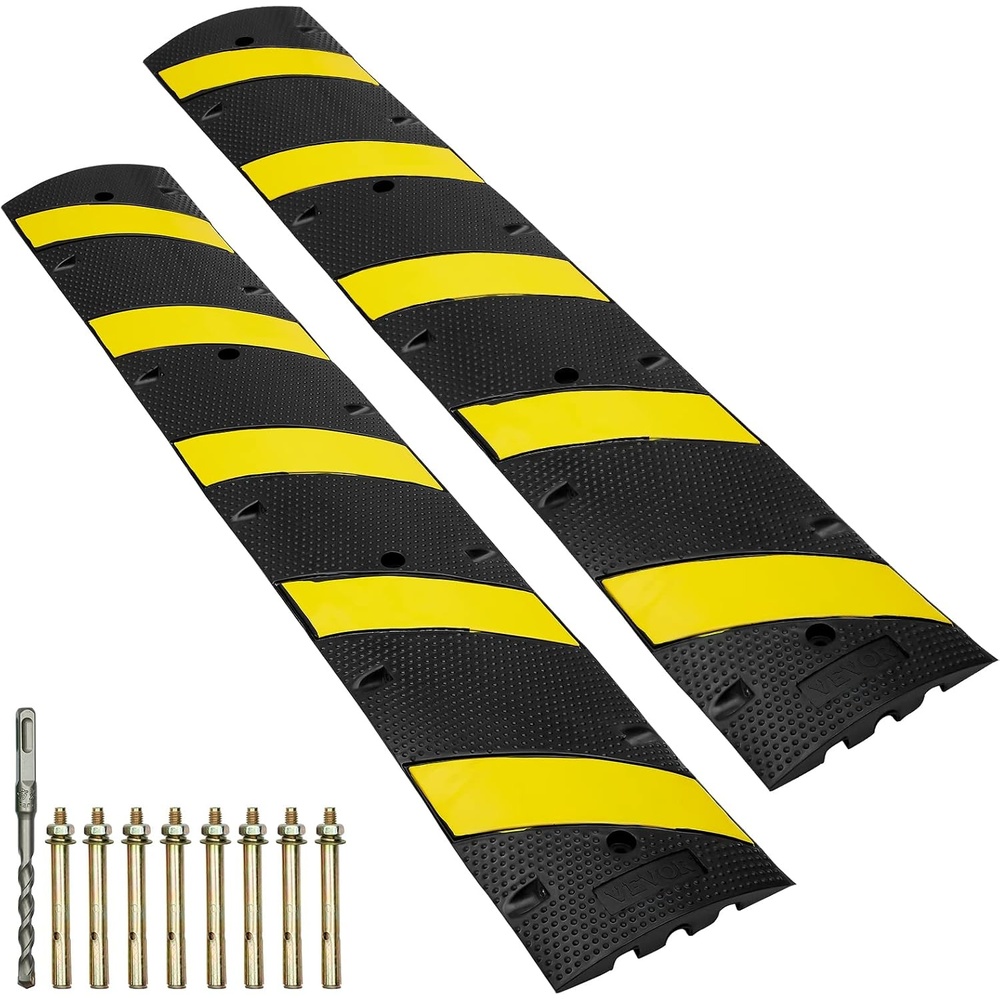 image:imageVEVOR 6 ft72 Rubber Speed Hump 2 Channel 22000 lbs Load Capacity Heavy Duty Traffic Speed Bump with High Reflective Yellow Strip 4 Expansion Screws and 1 Drill for Asphalt Concrete Gravel Roads7205 x 1181 x 177 in