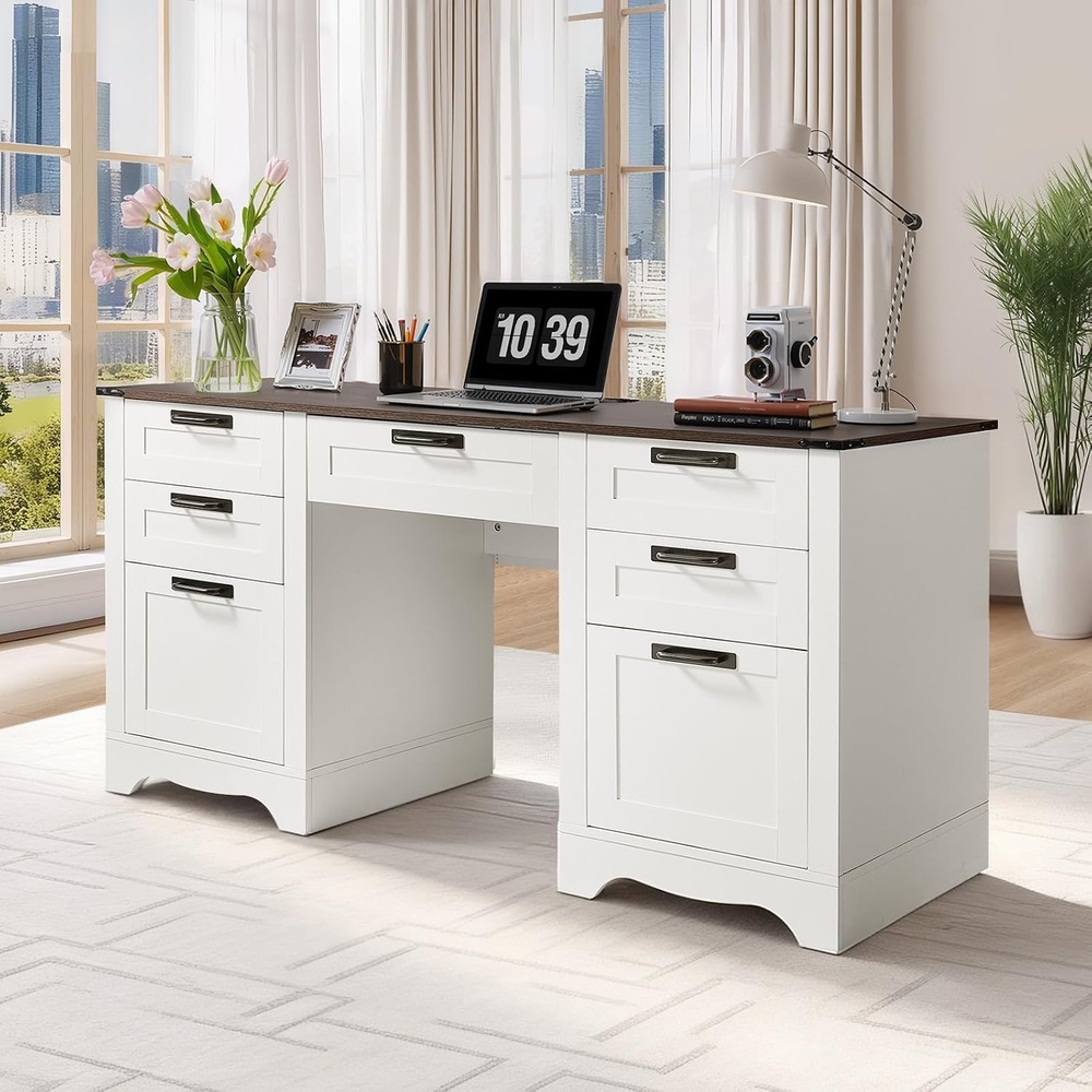 image:imageVEVOR 60 Executive Desk with Drawers Farmhouse Home Office Desk with Charge Station Keyboard Tray File Storage Cabinet 200 LBS Load Capacity Wood Table Easy Assembly for Work Study WalnutWhite