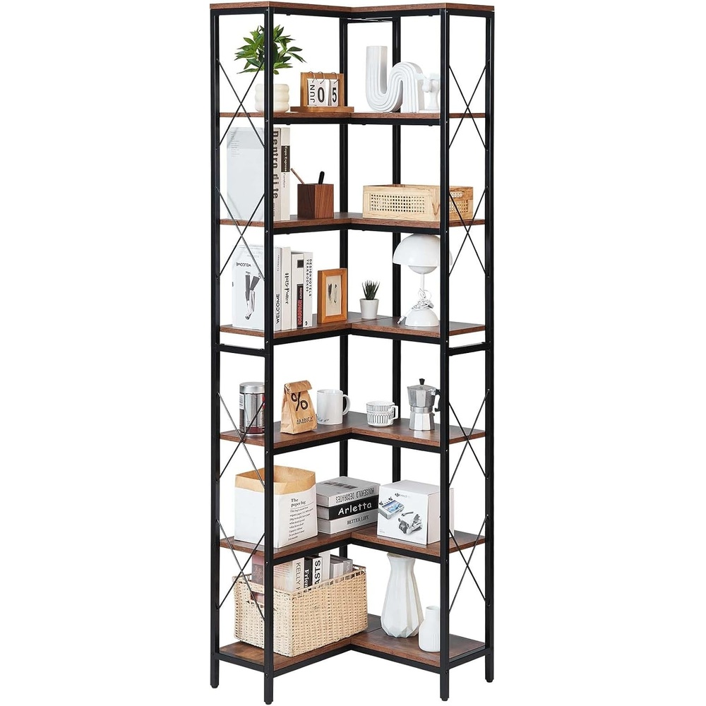 image:imageVEVOR 7 Tier Corner Bookshelf 79 Tall Corner Bookcase with Heavy Duty Metal Frame amp Wooden Shelves Industrial Reversible L Shaped Corner Display Shelf for Bedroom Living Room Office7 Tier