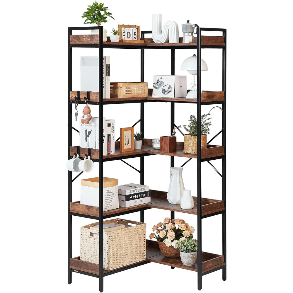 image:imageVEVOR 7 Tier Corner Bookshelf 79 Tall Corner Bookcase with Heavy Duty Metal Frame amp Wooden Shelves Industrial Reversible L Shaped Corner Display Shelf for Bedroom Living Room OfficeIndustrial