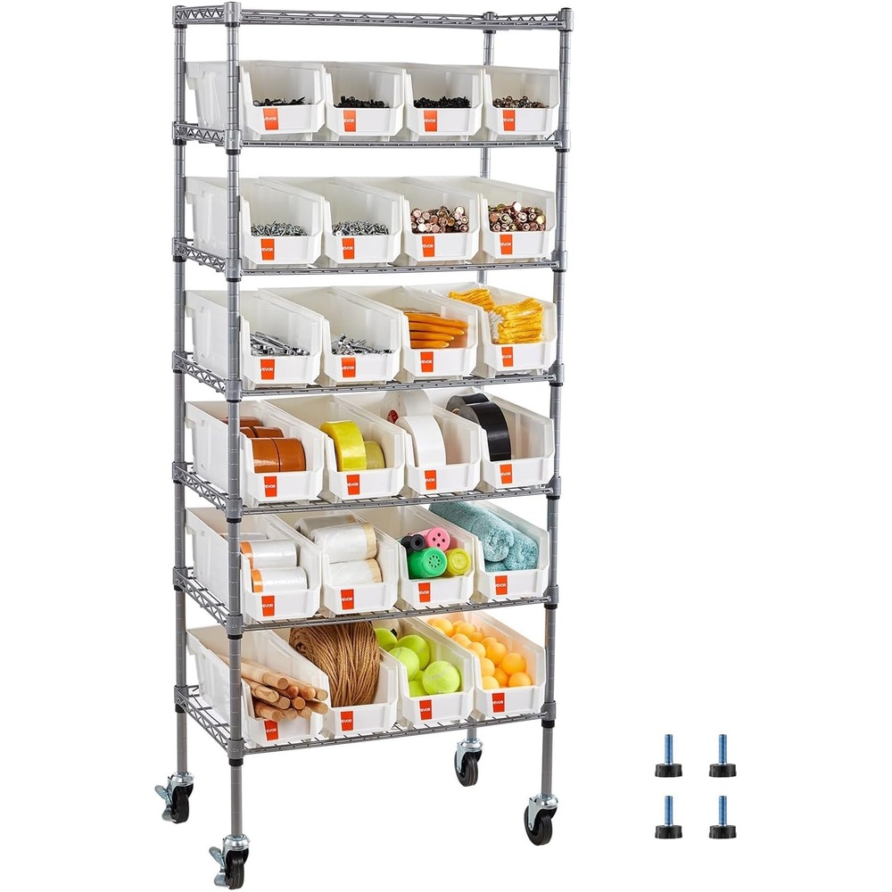 image:imageVEVOR 7Tier Rolling Bin Storage Rack 24 Small Bins Bin Rack Storage Steel Wire Shelving System with Wheels Mobile Tool Organizer for Garage Warehouse Office Restaurant Classroom Kitchen7Tier 24 Bins